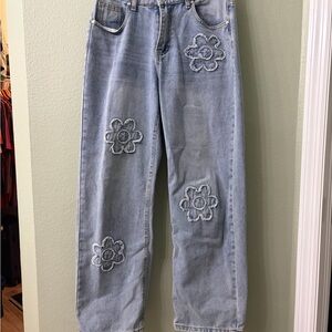 Blue Floral Embroidered Women's Jeans